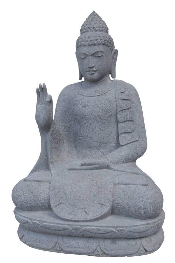 Sittende Buddha med blomsterdekorasjon laget av elvestein, håndlaget, ca. 100 cm høy.<br />
